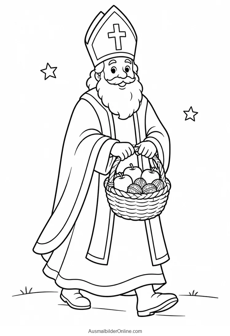 Nikolaus mit Mitra trägt einen Korb mit drei Äpfeln und Nüssen