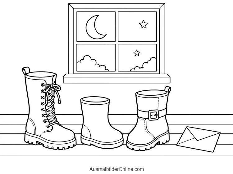 Drei leere Stiefel stehen mit einer geschlossenen Briefhülle unter einem Fenster