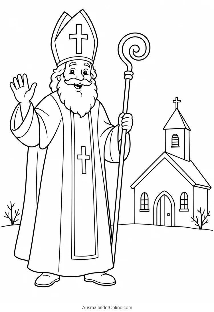 Nikolaus mit Mitra und Bischofsstab winkt vor einer kleinen Kirche
