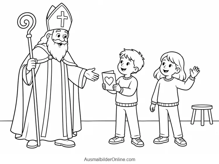 Zwei Kinder überreichen Nikolaus eine Karte mit einem Herz