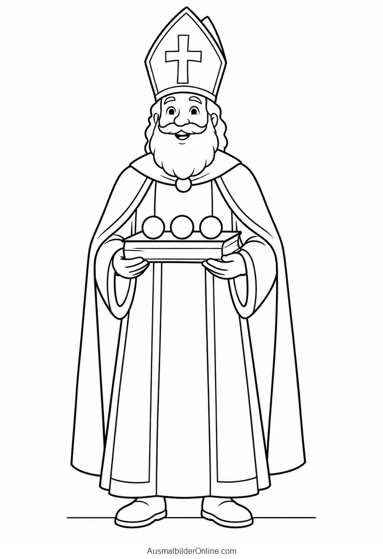 Nikolaus hält ein geschlossenes Buch mit drei Kugeln darauf