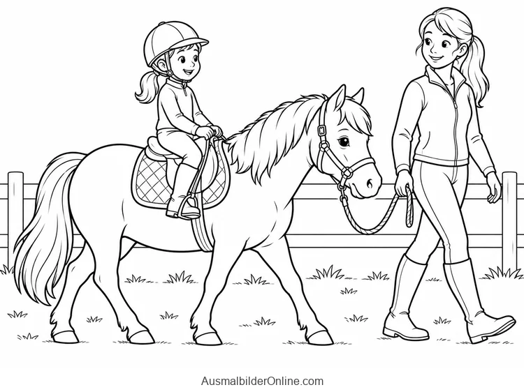 Kind mit geschlossenem Reithelm reitet auf einem Pony neben einer erwachsenen Begleitperson