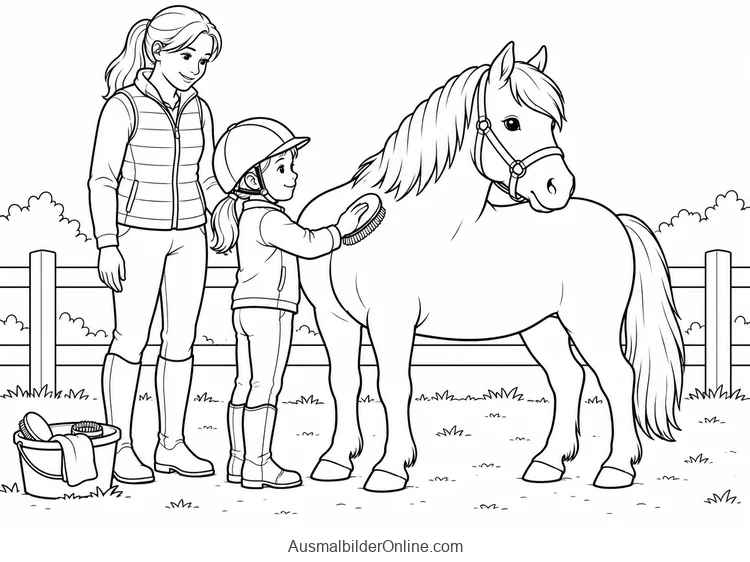 Kind bürstet die Schulter eines ruhig stehenden Ponys neben einer erwachsenen Begleitperson
