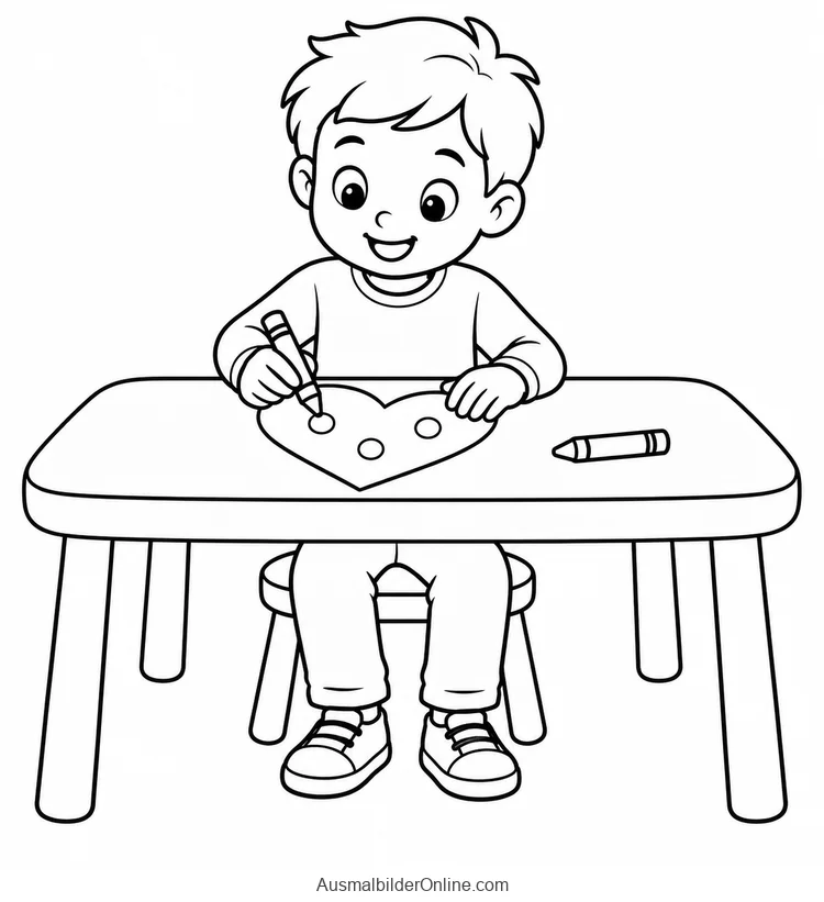 Kind sitzt am Tisch und bemalt ein Papierherz mit drei Punkten neben einem weiteren Buntstift