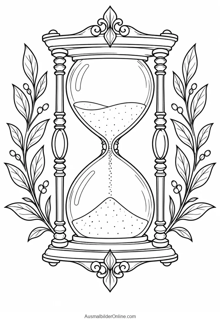 Eine ornamentale Sanduhr mit zwei seitlichen Zweigen besitzt große geschlossene Ausmalflächen