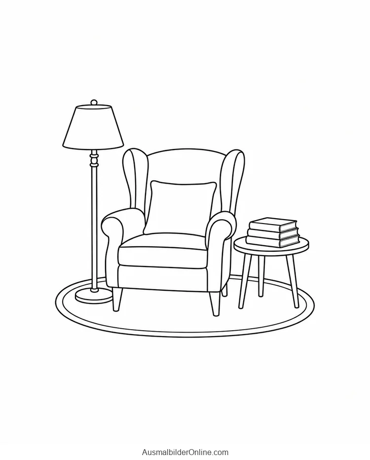 Gemütliche Leseecke mit leerem Sessel, Stehlampe und Bücherstapel