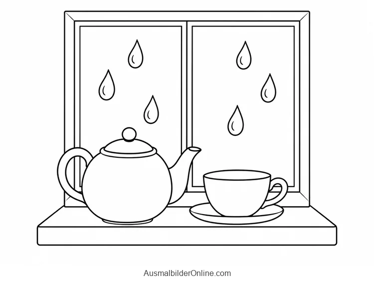 Teekanne und Tasse vor einem Fenster mit Regentropfen
