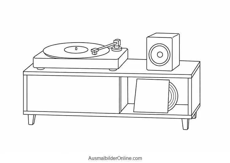 Plattenspieler mit zwei Schallplatten und kleinem Lautsprecher auf einem Regal