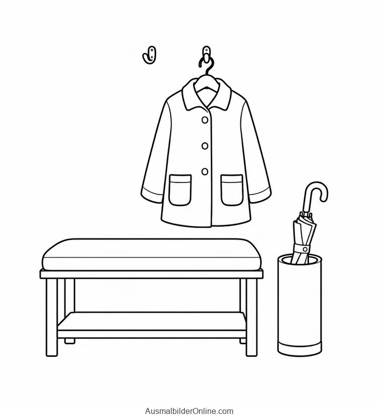 Garderobe mit Sitzbank, aufgehängtem Mantel und Schirmständer