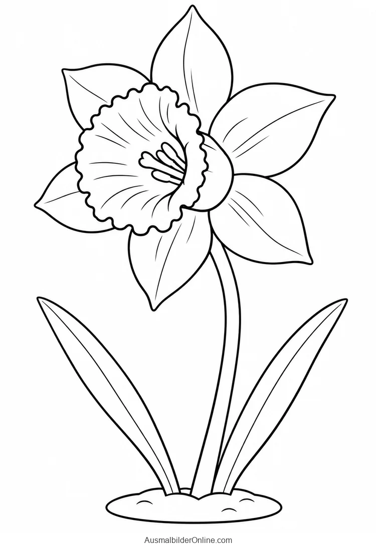 Große Narzissenblüte mit gewellter Trompete und zwei langen Blättern