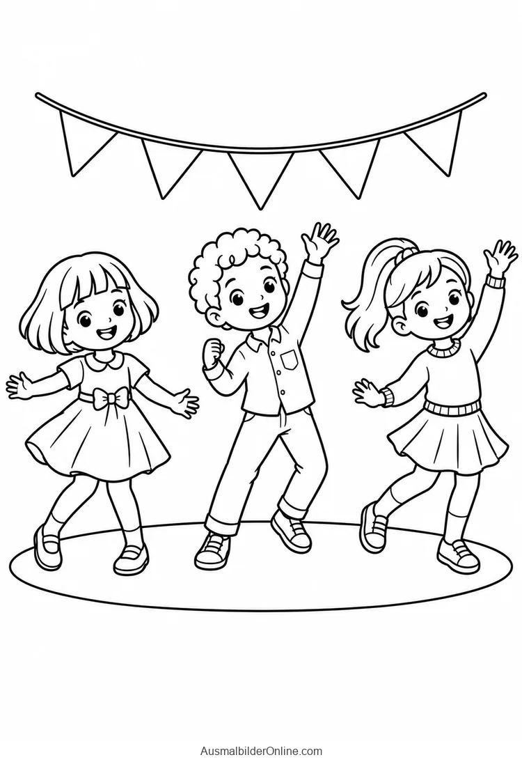 Drei Kinder tanzen auf einer kleinen festlich geschmückten Tanzfläche unter einer Wimpelkette