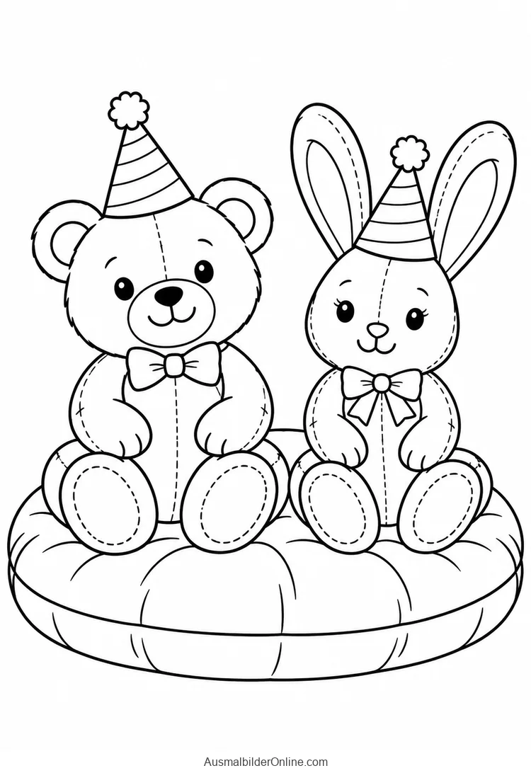 Ein Teddybär und ein Stoffhase sitzen nebeneinander mit kleinen Partyhüten auf einem Kissen