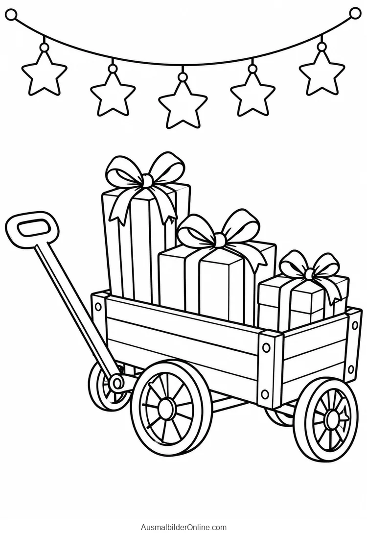 Ein kleiner Handwagen trägt drei festliche Geschenke mit Schleifen unter einer Sternengirlande