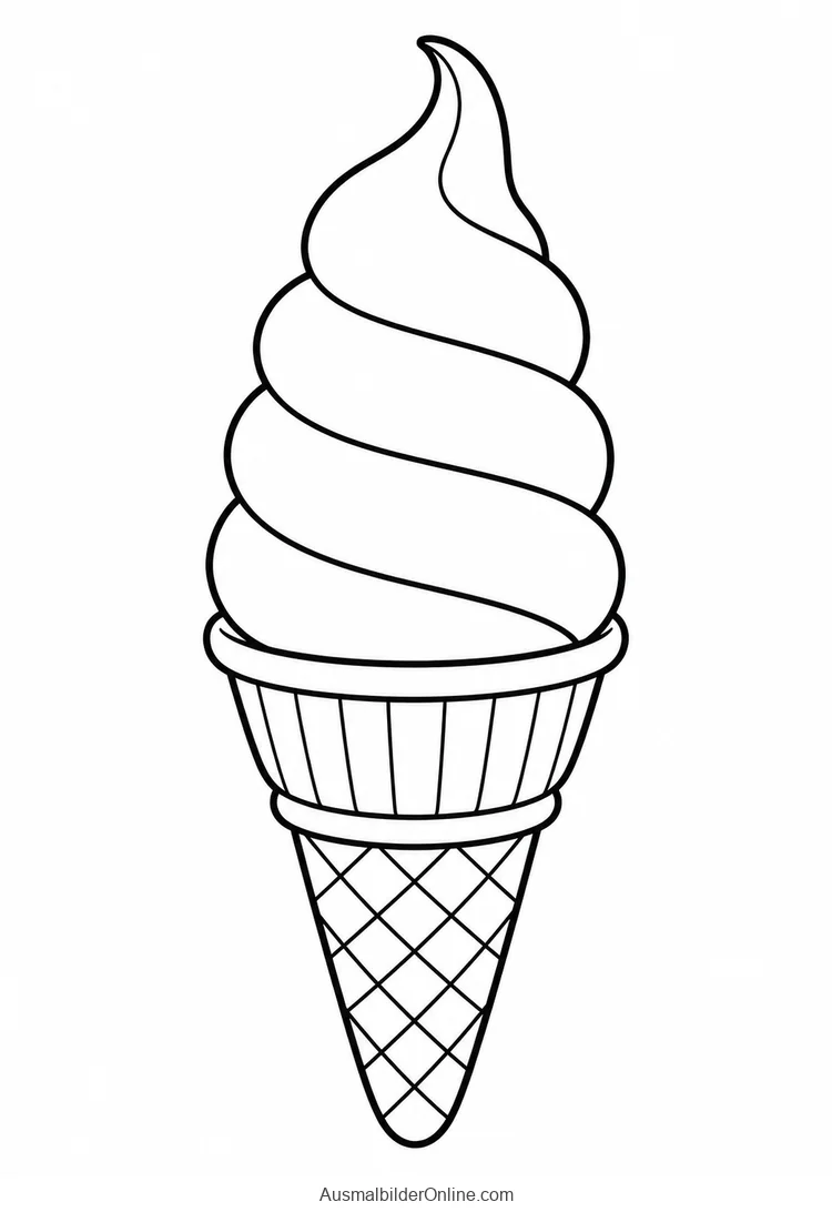 Ein spiralförmiges Softeis sitzt mit einer Spitze auf einer geriffelten Waffel