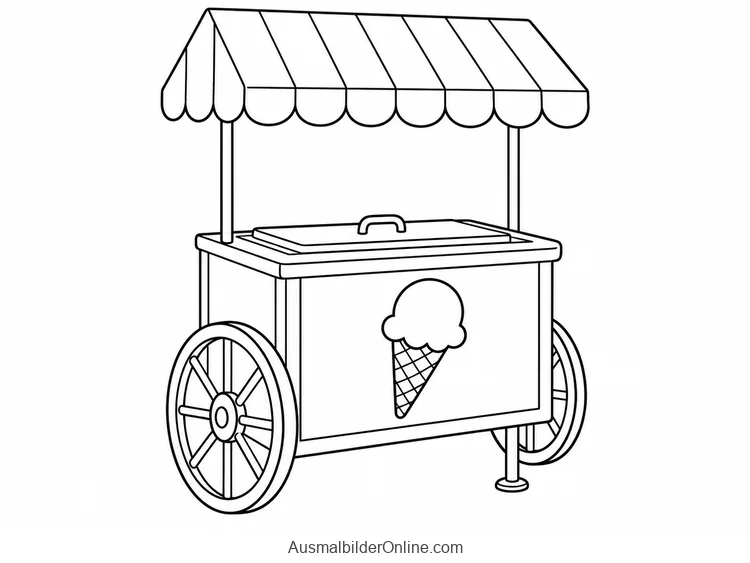 Ein kleiner Eiswagen mit Rädern und gestreiftem Dach trägt ein Bild einer Eiswaffel