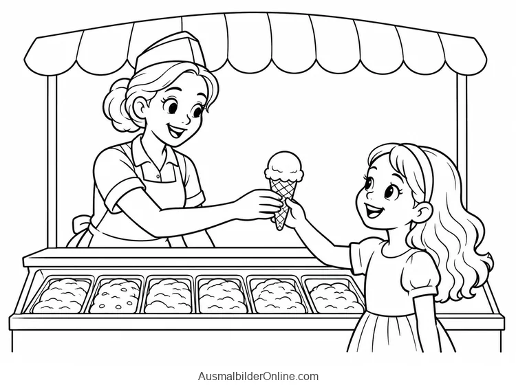 Eine Eisverkäuferin reicht einem Mädchen eine Eiswaffel über den Verkaufstresen