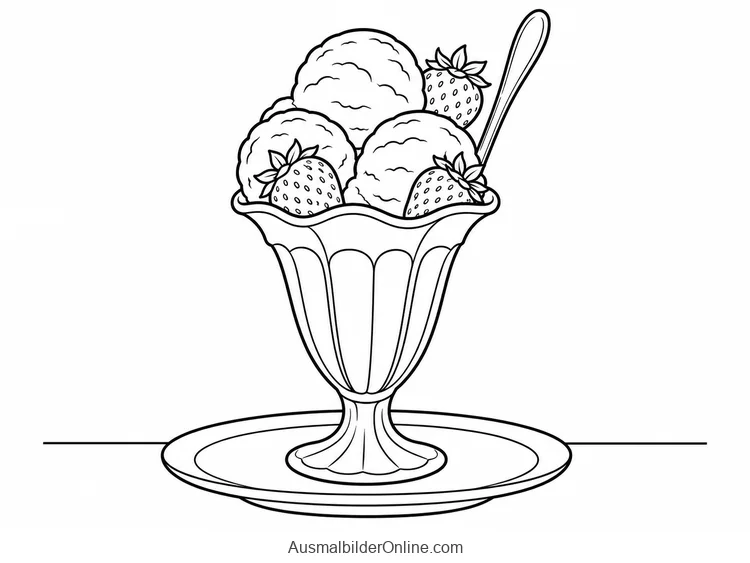 Ein hoher Eisbecher mit Kugeln und Erdbeeren steht mit einem Löffel auf einem Teller
