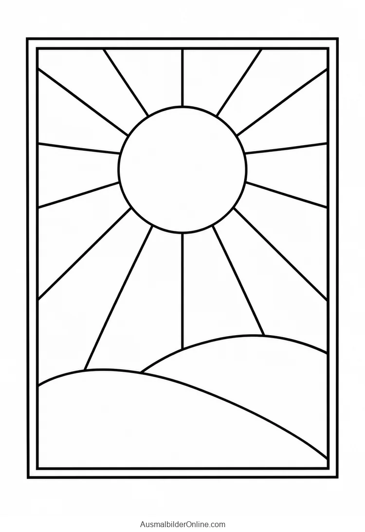 Rechteckiges Glasfenster mit Sonne und zwei sanften Hügeln