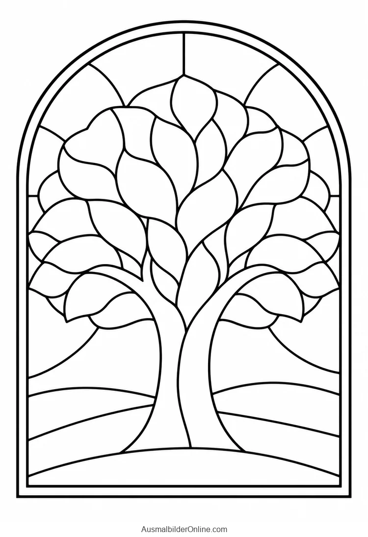 Oben rundes Glasfenster mit breitem Baum und Wiese