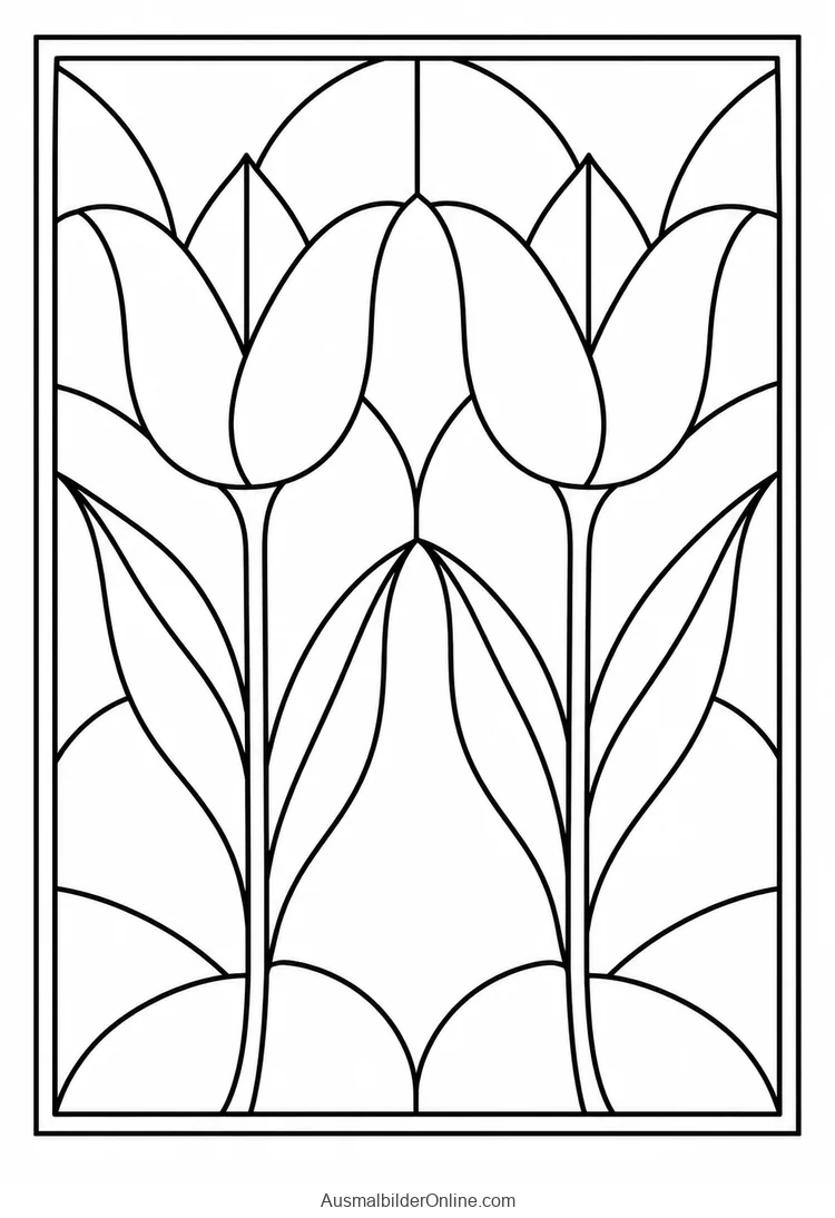 Rechteckiges Glasfenster mit zwei Tulpen und Blättern