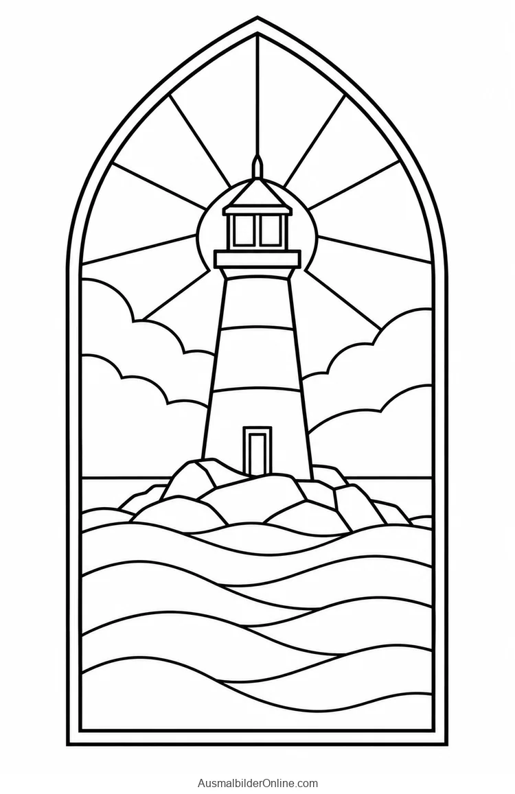 Oben spitzes Glasfenster mit Leuchtturm und Meereswellen