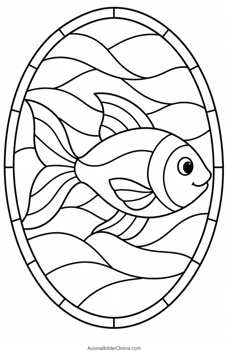 Ovales Glasfenster mit Fisch und breiten Wasserwellen
