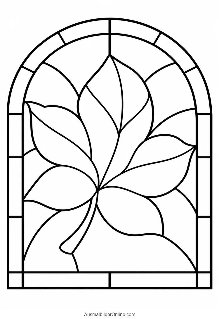 Oben rundes Glasfenster mit Herbstblatt und breiten Bogenfeldern