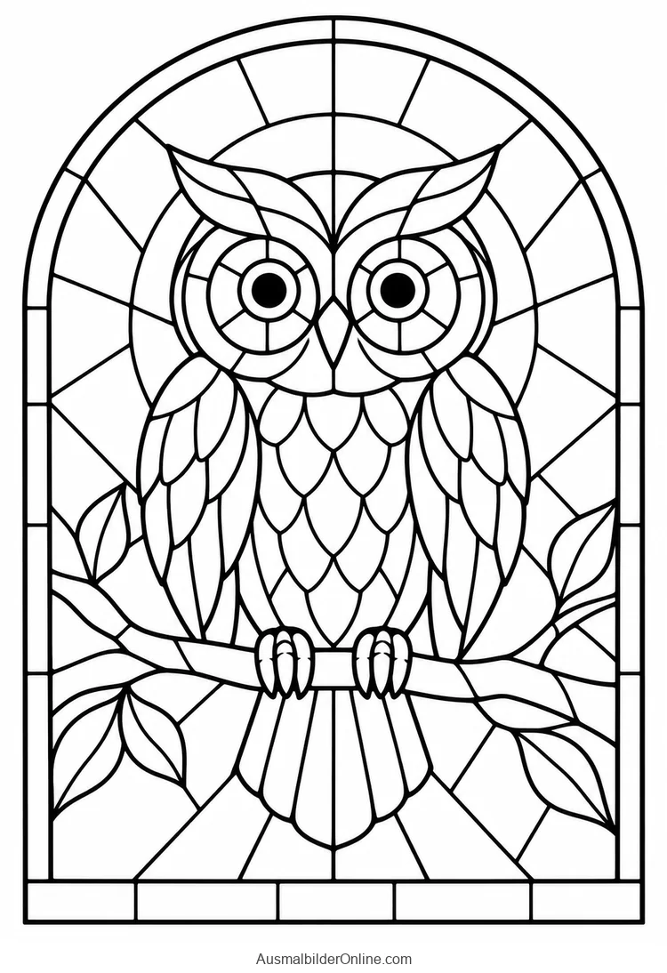Oben rundes Glasfenster mit Eule auf einem breiten Ast