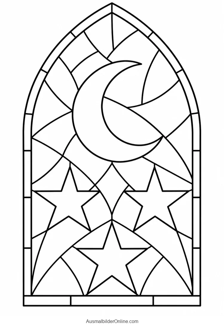 Oben spitzes Glasfenster mit Halbmond und drei Sternen