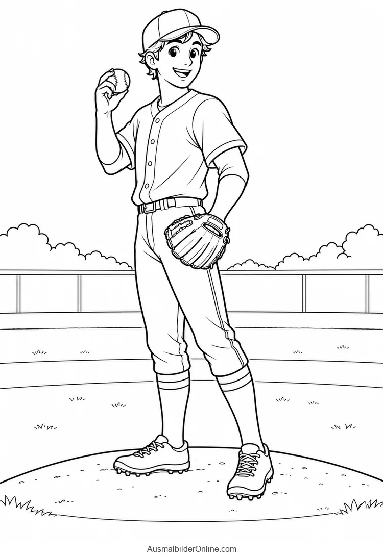 Ein junger Baseballwerfer hält einen Ball über der Schulter und trägt einen Fanghandschuh an der anderen Hand