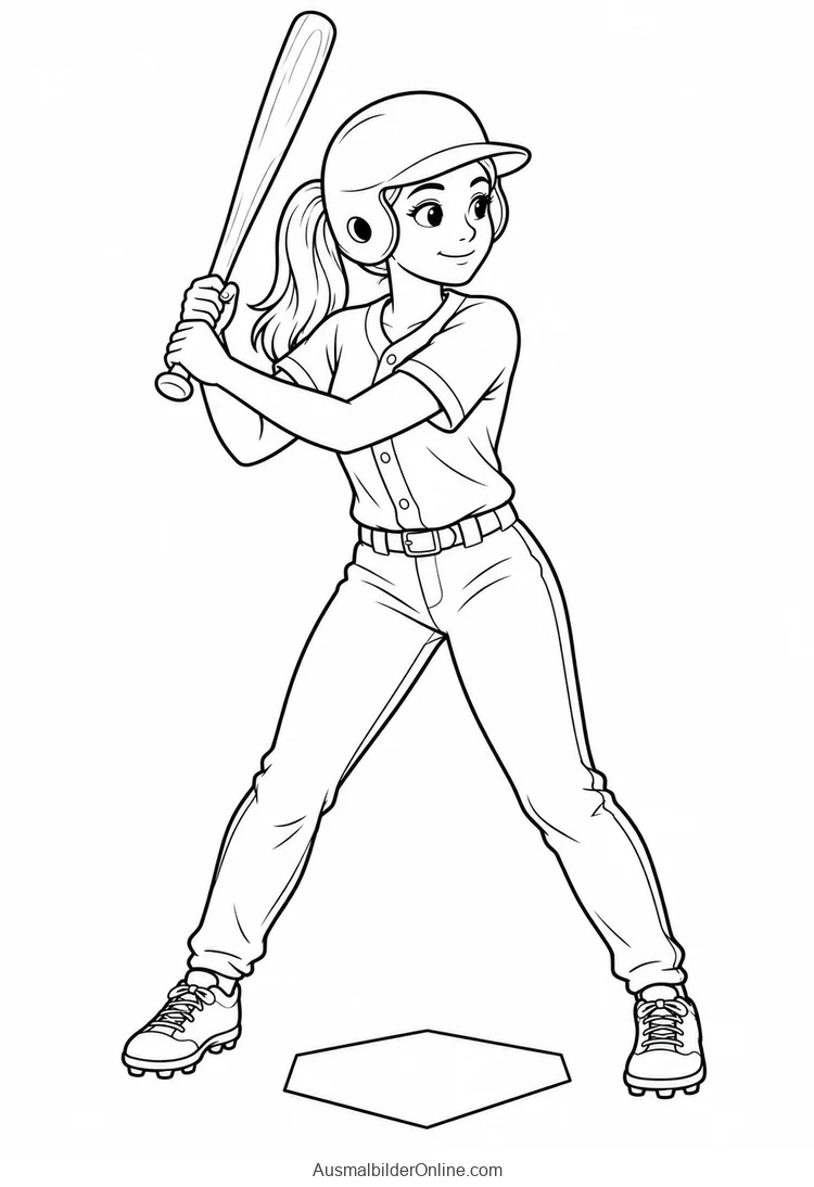 Ein Mädchen mit Baseballhelm hält einen Schläger mit beiden Händen neben der Homeplate
