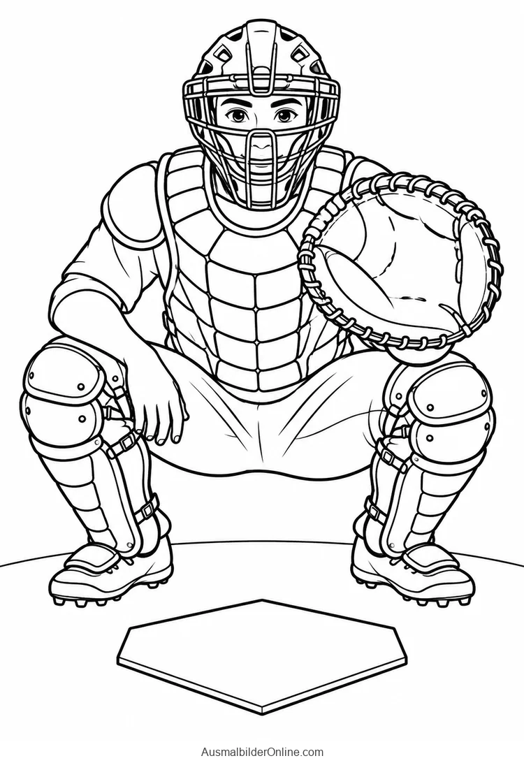Ein Baseballcatcher hockt mit Fangmaske, Brustschutz und geöffnetem Fanghandschuh hinter der Homeplate