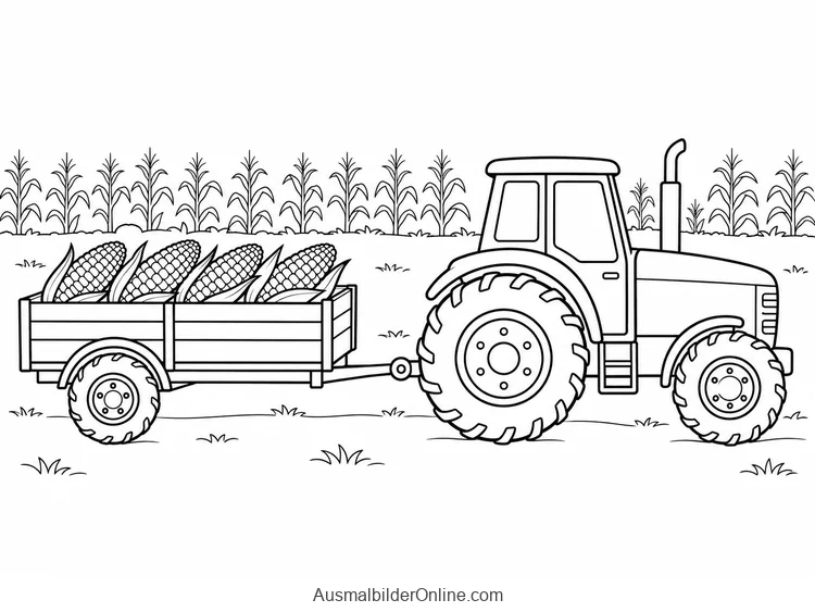 Ein Traktor zieht einen Anhänger mit Maiskolben am Feld
