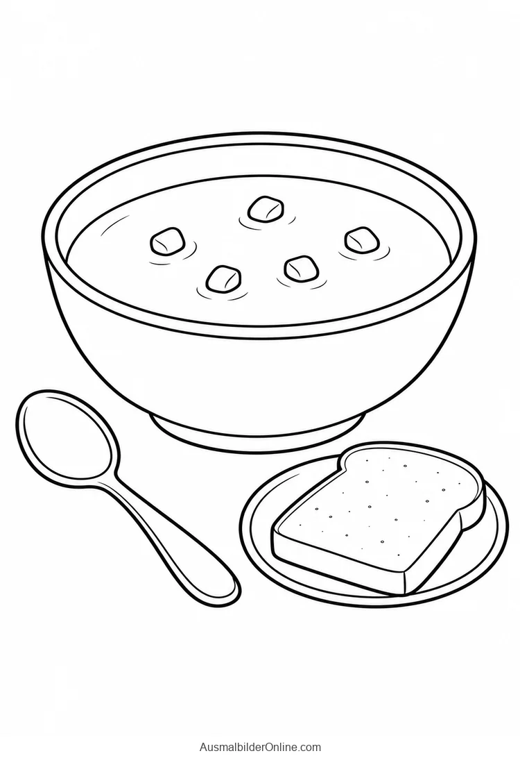 Eine Schale Maissuppe steht neben einem Löffel und einer Brotscheibe auf einem Teller