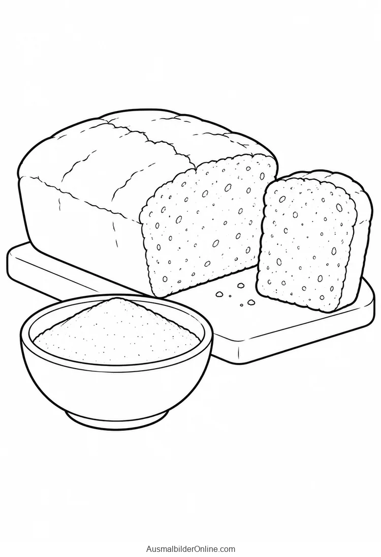 Ein angeschnittenes Maisbrot liegt neben einer Schale Maismehl auf einem Brett
