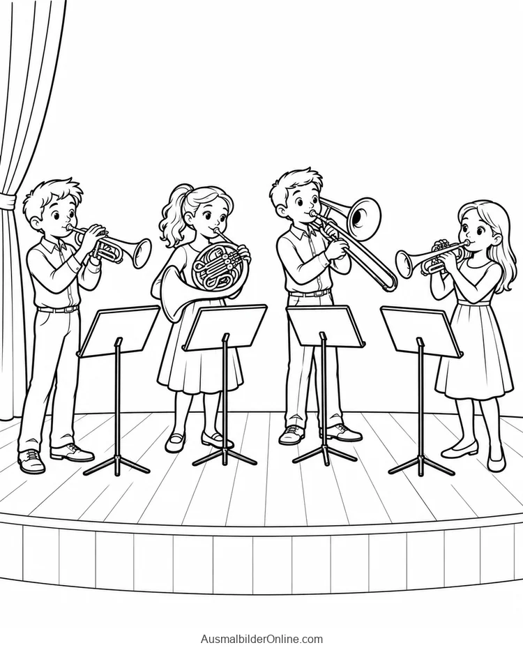 Vier Blechbläser musizieren gemeinsam an vier Notenständern auf einer kleinen Bühne