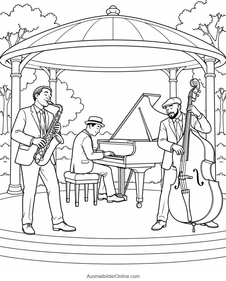 Ein Jazztrio spielt Saxophon, Kontrabass und Flügel in einem Parkpavillon