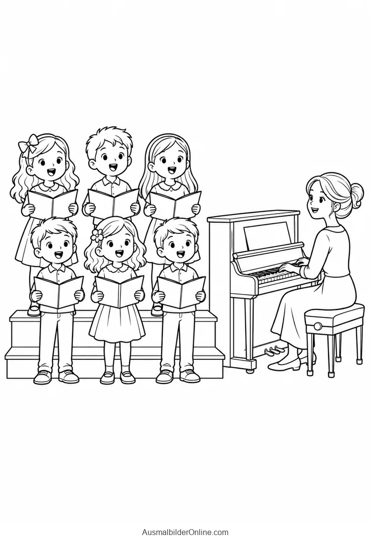 Ein Kinderchor singt in zwei Reihen zu einer Klavierbegleitung