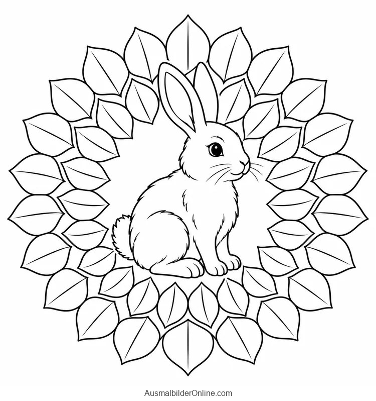 Sitzender Hase in einem Kranz aus spitzen Blättern