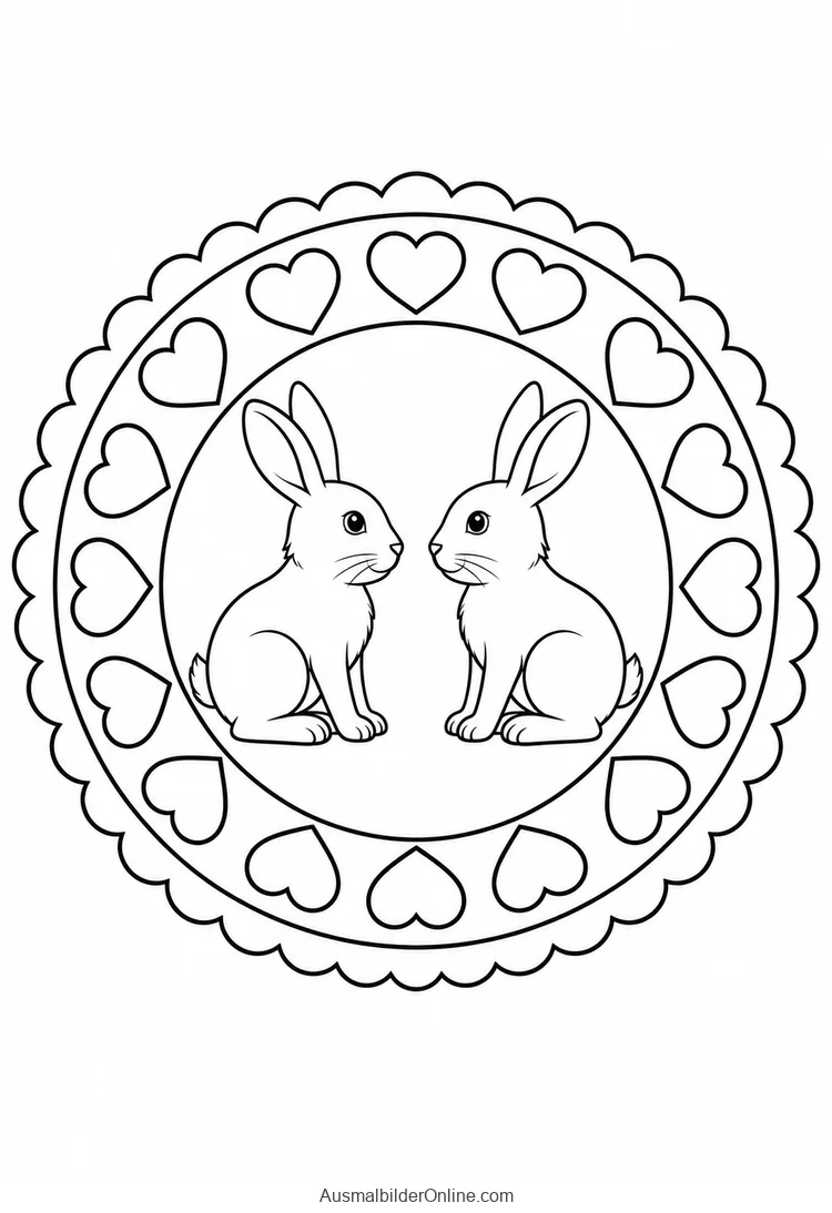 Zwei einander zugewandte Hasen in einem Ring aus Herzen