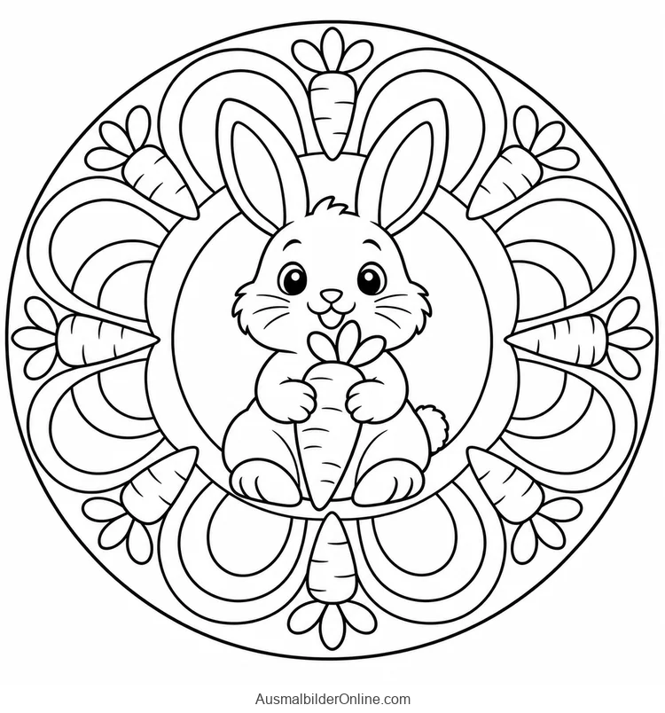 Ein Hase hält eine Möhre in einem Ring aus Möhren und Schleifenformen