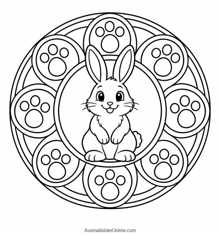 Sitzender Hase in einem Ring aus Pfotenabdrücken