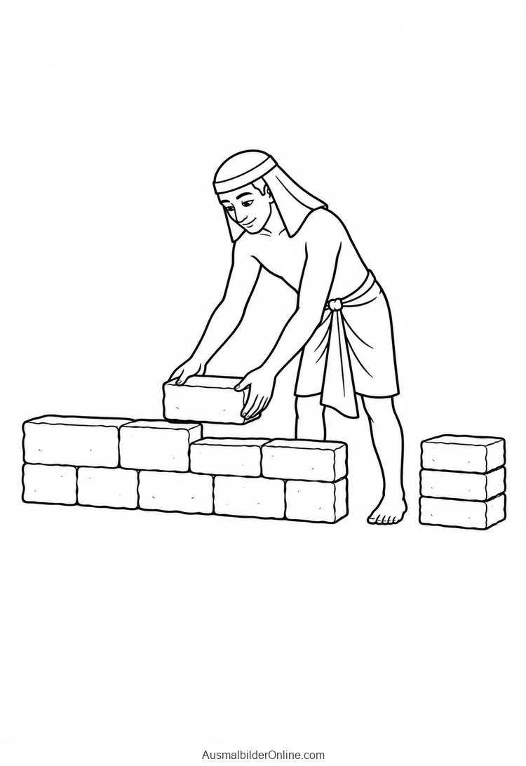 Ein Mann setzt einen Ziegel auf eine niedrige Mauer neben einem Ziegelstapel