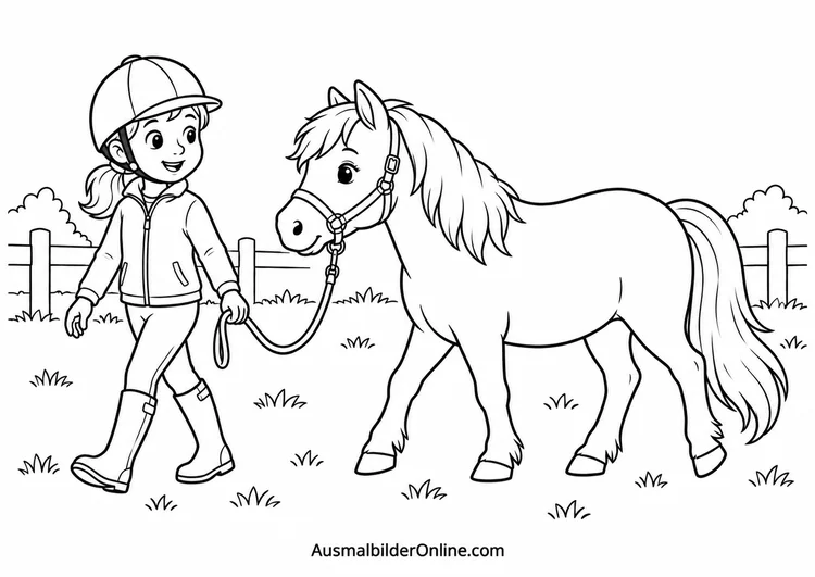 Kind mit Reithelm führt ein Pony am Halfter vor einem Weidezaun