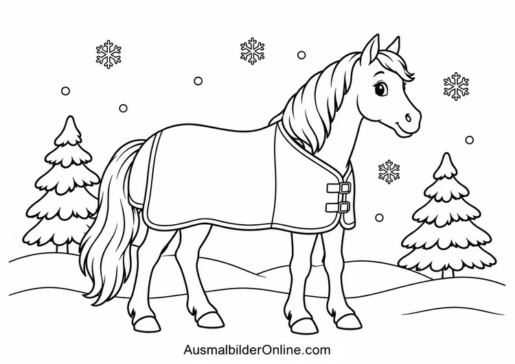 Pferd mit warmer Decke im Schnee zwischen zwei Tannen