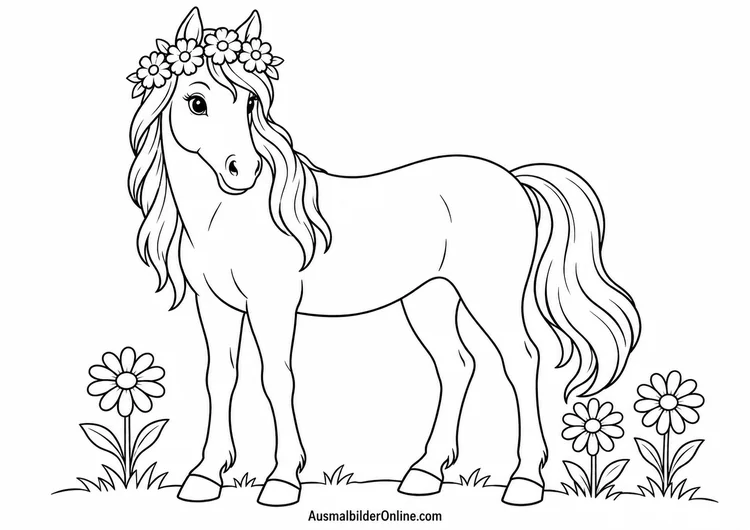 Pferd mit Blumenkranz steht zwischen drei Blumen auf einer Wiese