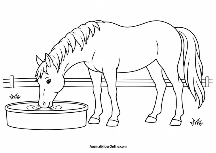 Pferd trinkt aus einer runden Wassertränke vor einem Weidezaun