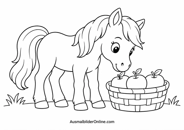 Pony steht neben einem geflochtenen Korb mit drei Äpfeln