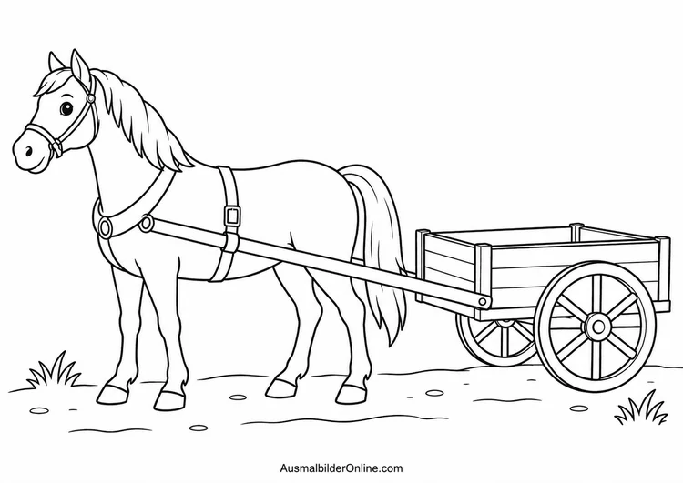 Pferd mit Geschirr steht vor einem leeren hölzernen Wagen