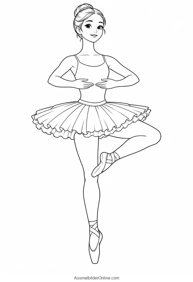 Ballerina im Tutu steht auf der Spitze und hebt ein angewinkeltes Bein